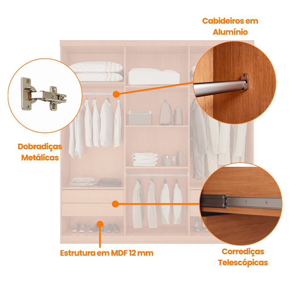 Guarda-Roupa Casal 100% MDF Bipartido Alonzo 6 Portas 4 Gavetas Naturale e Off White