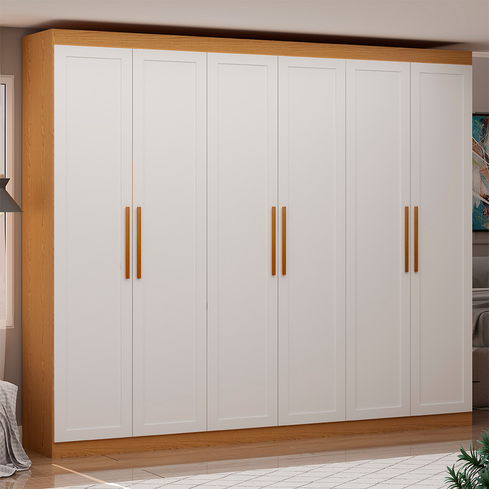 Guarda-Roupa Casal 100% MDF Madri 6 Portas 3 Gavetas Branco e Cinamomo