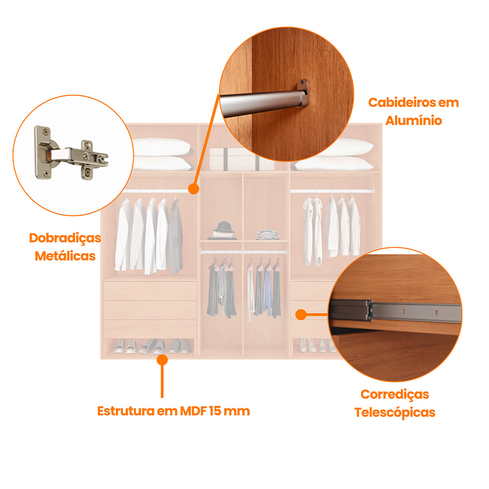 Guarda-Roupa Casal 100% MDF Pulse Gold 6 Portas 6 Gavetas Naturale e Off White