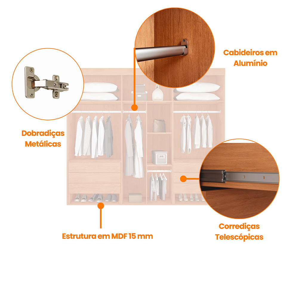 Guarda-Roupa Casal 100% MDF Spazio 6 Portas 6 Gavetas Naturale e Off White