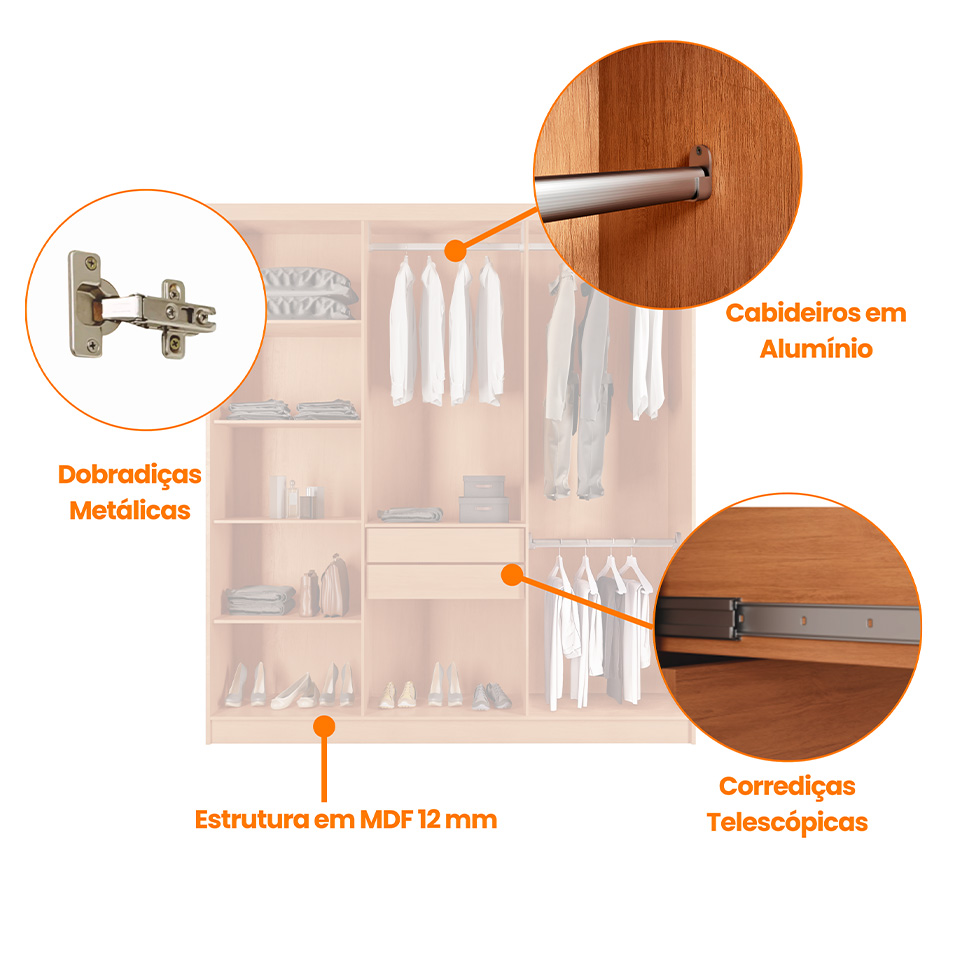 Guarda-Roupa Casal 100% MDF Urban 6 Portas 2 Gavetas Naturale