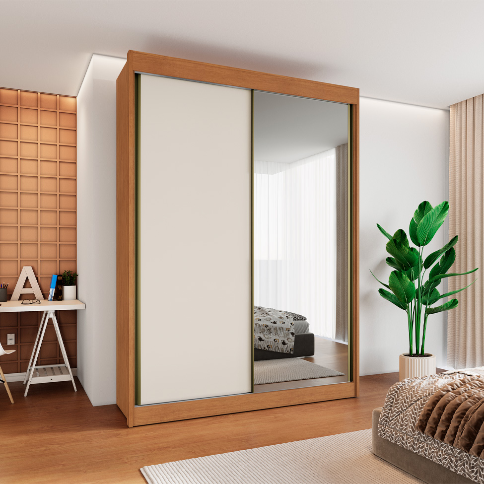 Guarda-Roupa Casal 100% MDF com Espelho Chicago 2 Portas 4 Gavetas Cinamomo e Off White