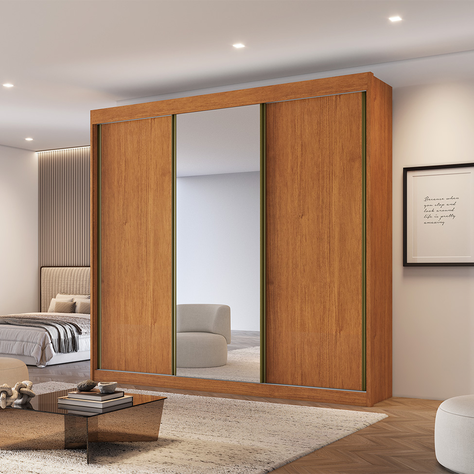 Guarda-Roupa Casal 100% MDF com Espelho Chicago 3 Portas 4 Gavetas Cinamomo