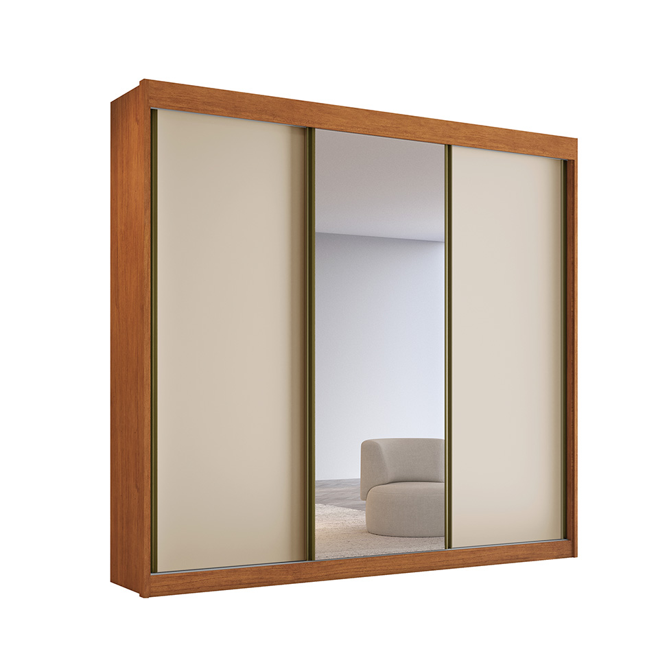 Guarda-Roupa Casal 100% MDF com Espelho Chicago 3 Portas 4 Gavetas Cinamomo e Off White