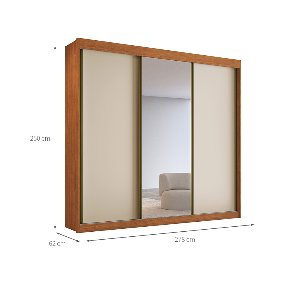 Guarda-Roupa Casal 100% MDF com Espelho Chicago 3 Portas 4 Gavetas Cinamomo e Off White