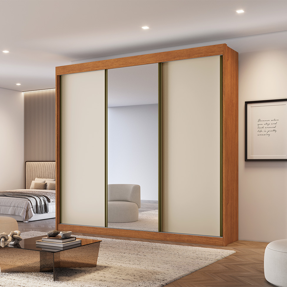 Guarda-Roupa Casal 100% MDF com Espelho Chicago 3 Portas 4 Gavetas Cinamomo e Off White