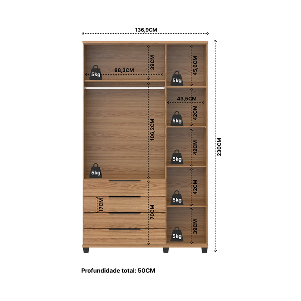 Guarda-Roupa Casal Allen 3 Portas 4 Gavetas Freijó