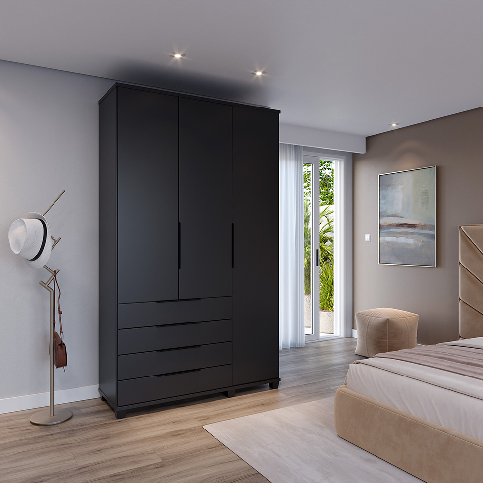 Guarda-Roupa Casal Allen 3 Portas 4 Gavetas Preto