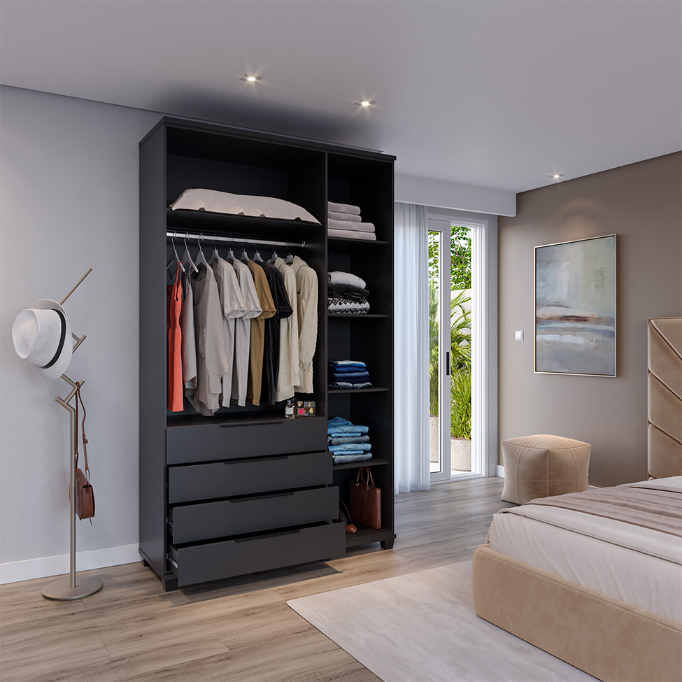 Guarda-Roupa Casal Allen 3 Portas 4 Gavetas Preto