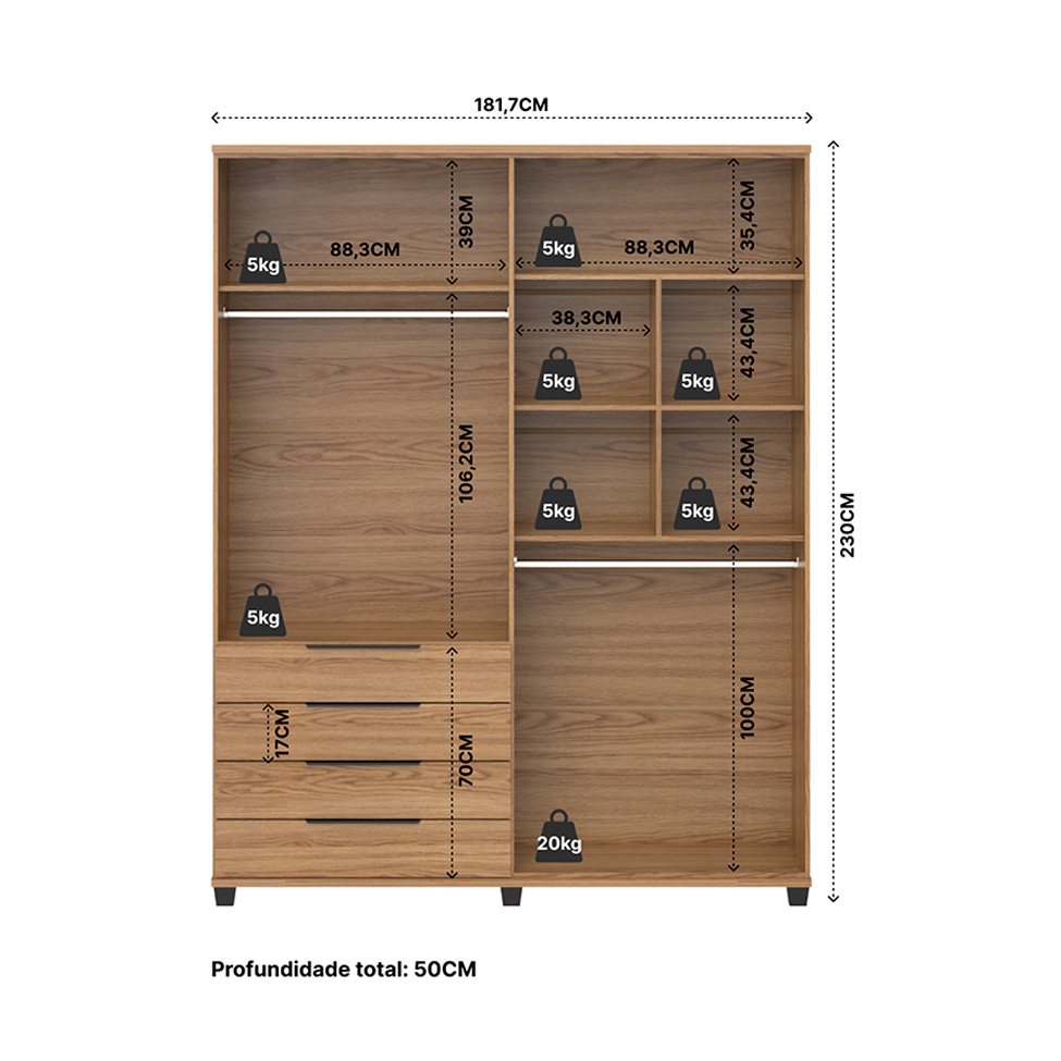 Guarda-Roupa Casal Allen 4 Portas 4 Gavetas Freijó