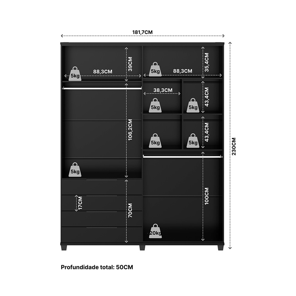 Guarda-Roupa Casal Allen 4 Portas 4 Gavetas Preto