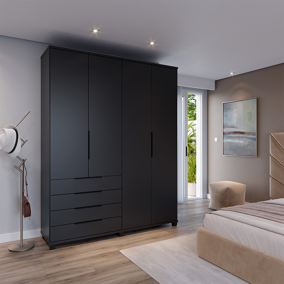 Guarda-Roupa Casal Allen 4 Portas 4 Gavetas Preto