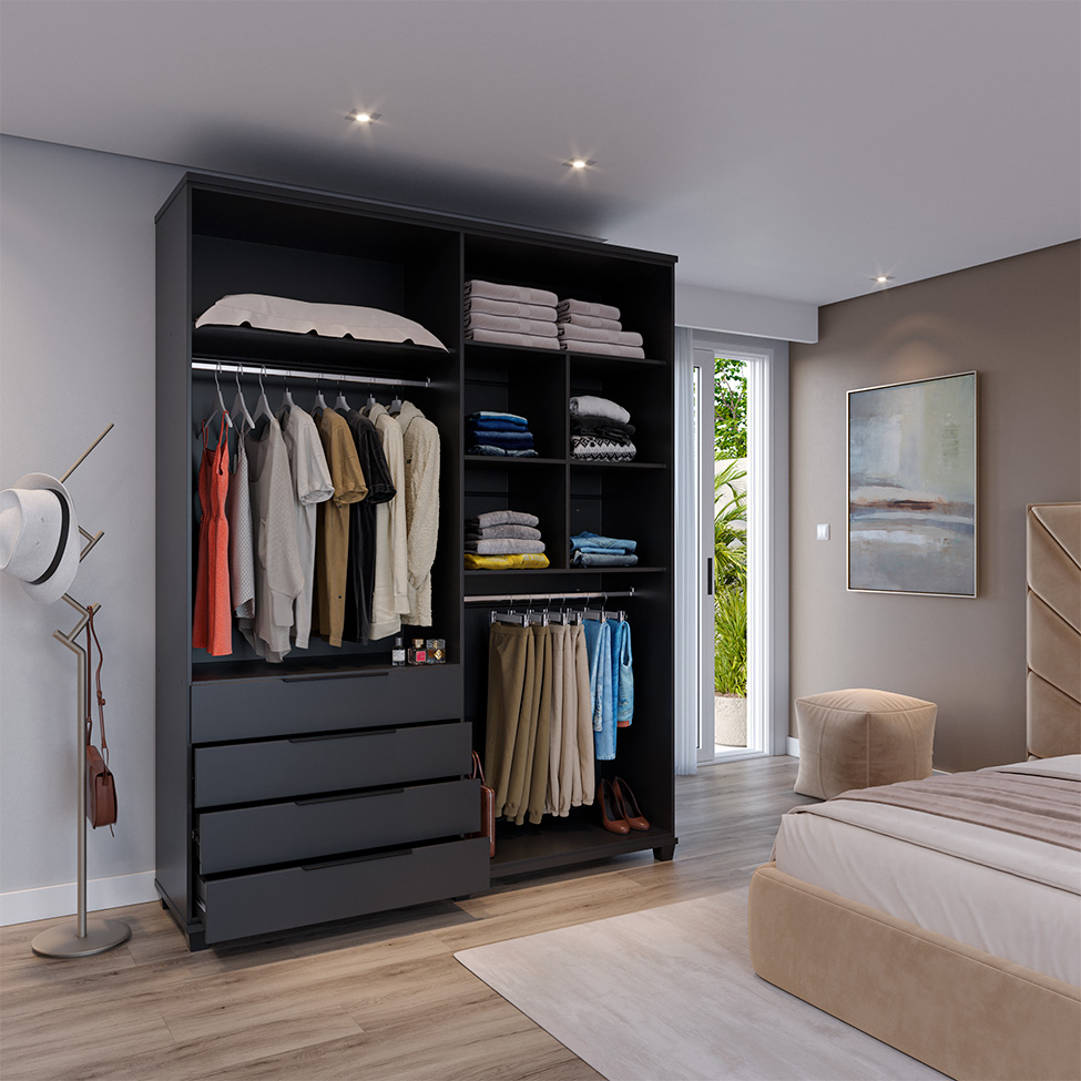 Guarda-Roupa Casal Allen 4 Portas 4 Gavetas Preto