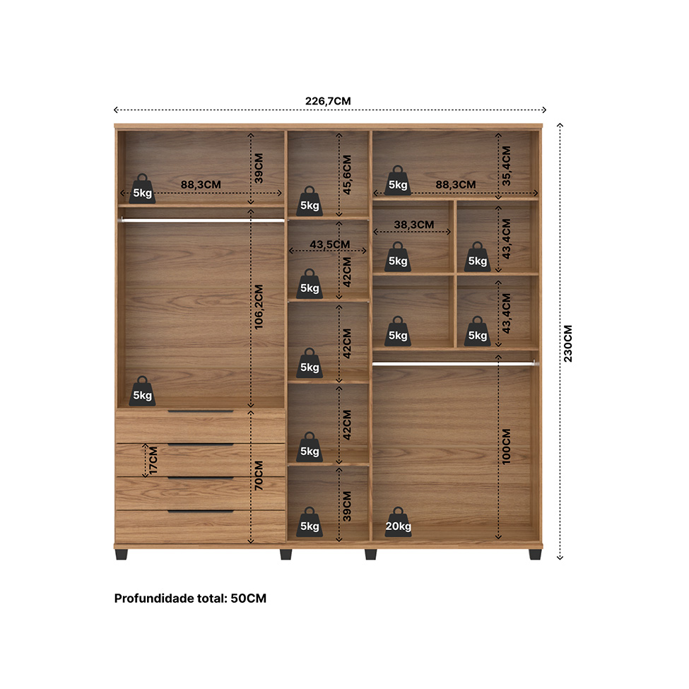 Guarda-Roupa Casal Allen 5 Portas 4 Gavetas Freijó