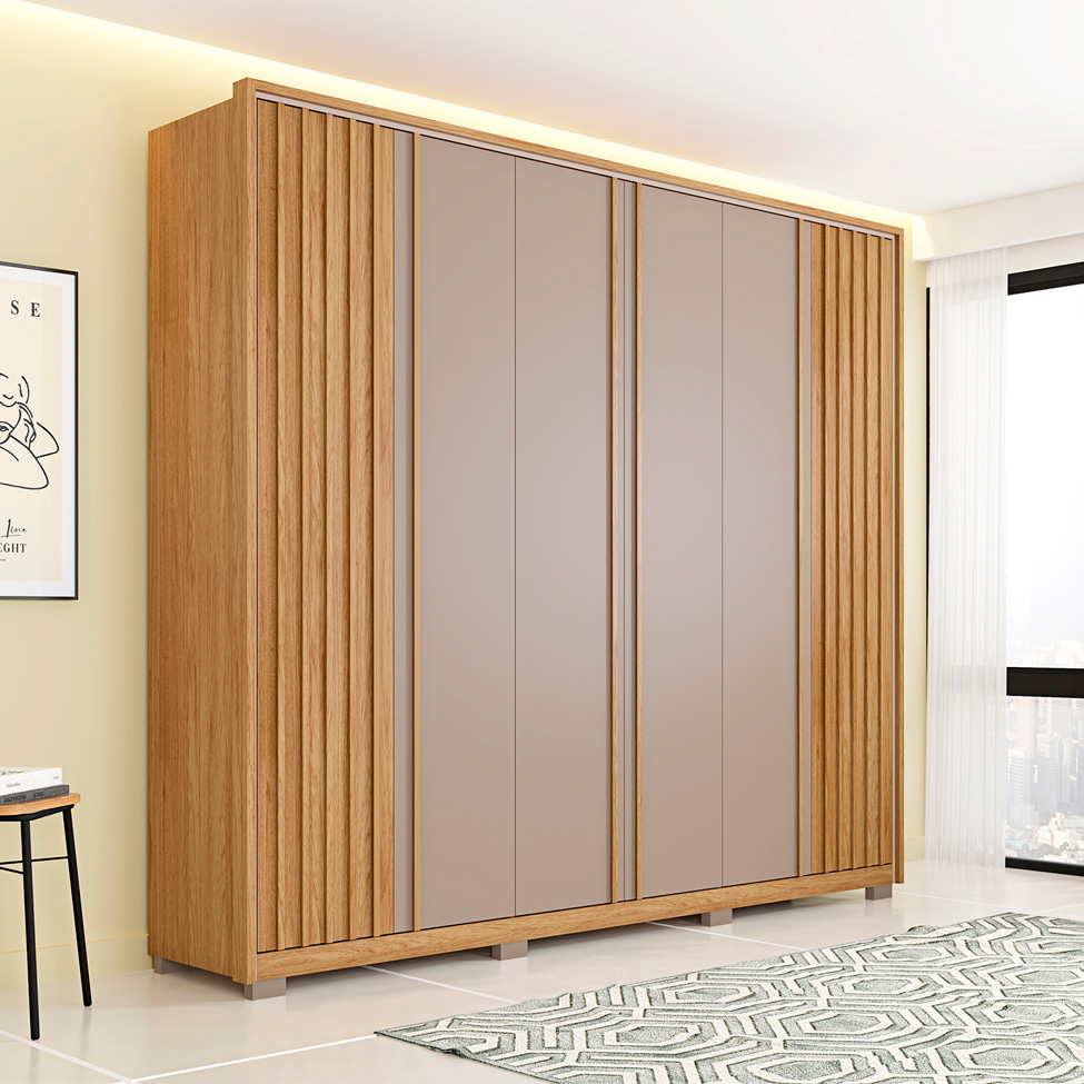 Guarda-Roupa Casal Apollo Ripado 6 Portas 4 Gavetas Buriti e Fendi