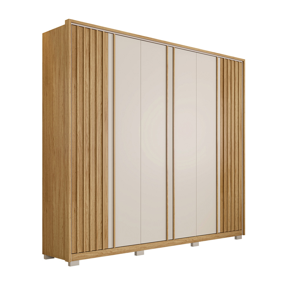 Guarda-Roupa Casal Apollo Ripado 6 Portas 4 Gavetas Buriti e Off White