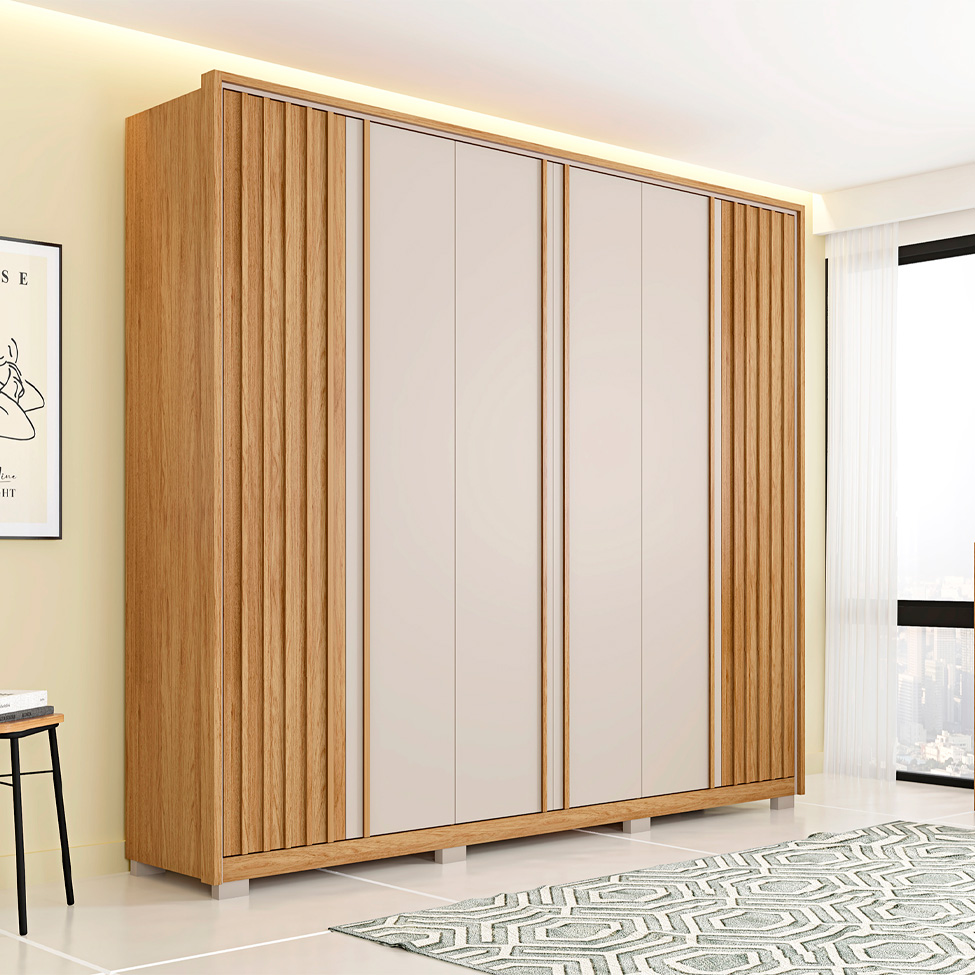 Guarda-Roupa Casal Apollo Ripado 6 Portas 4 Gavetas Buriti e Off White