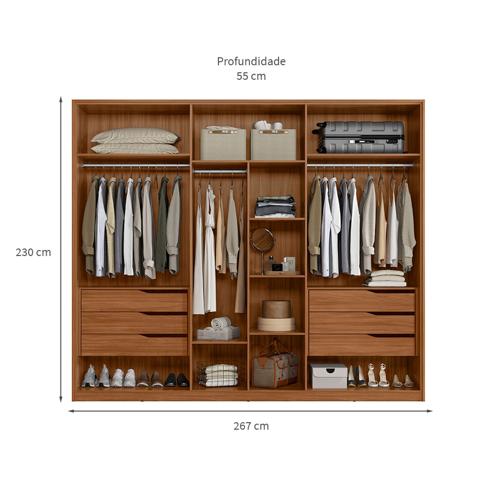 Guarda-Roupa Casal Atrice com Detalhe Ripado 6 Portas 6 Gavetas Nogueira