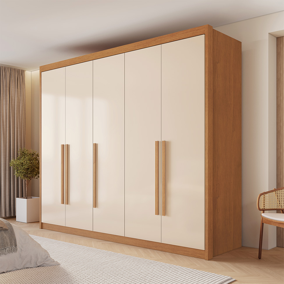 Guarda-Roupa Casal Bari 5 Portas 8 Gavetas Cinamomo e Off White