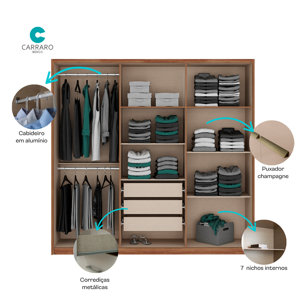 Guarda-Roupa Casal Belmont 6 Portas 3 Gavetas Freijó e Titânio