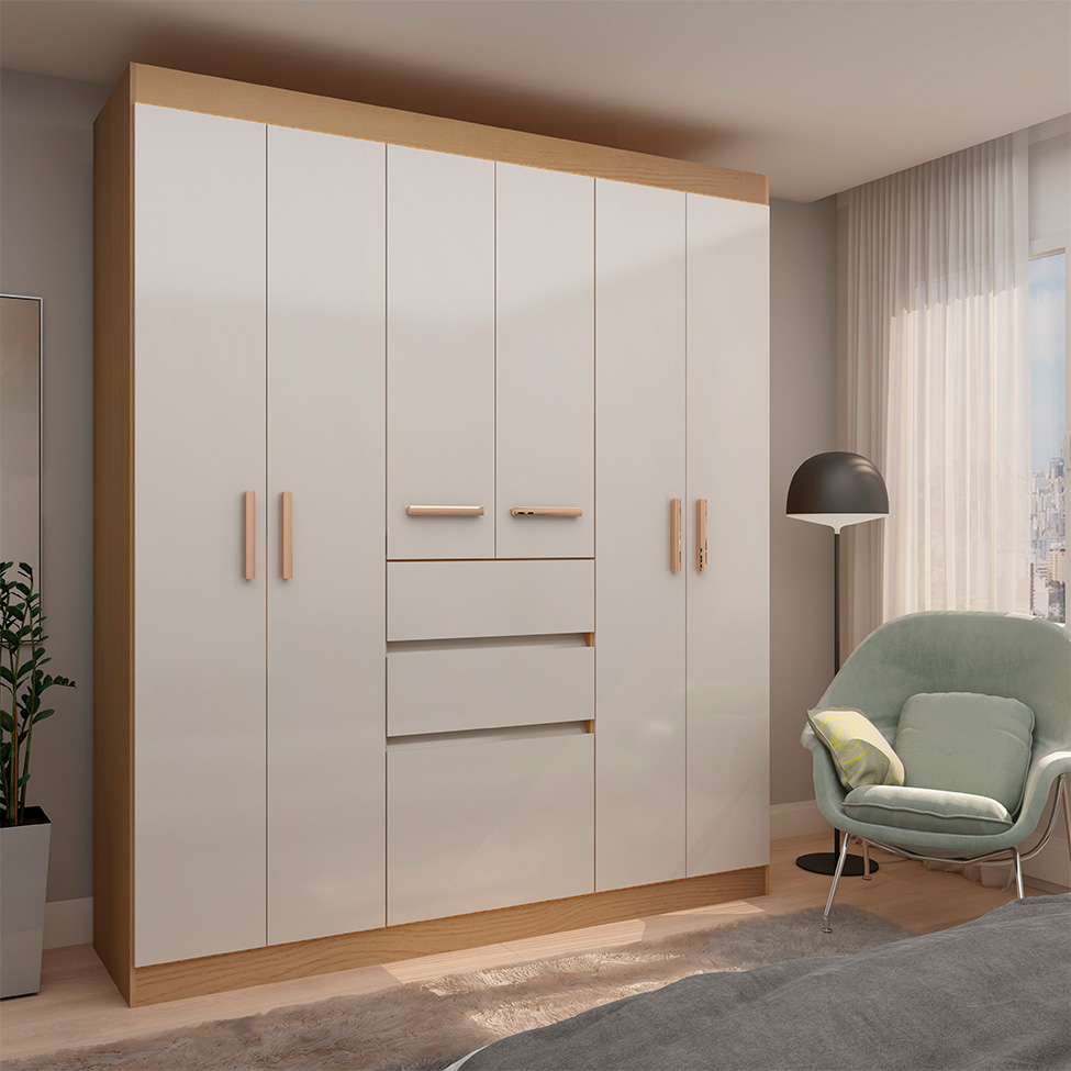 Guarda-Roupa Casal Berna 7 Portas 2 Gavetas Off White e Freijó