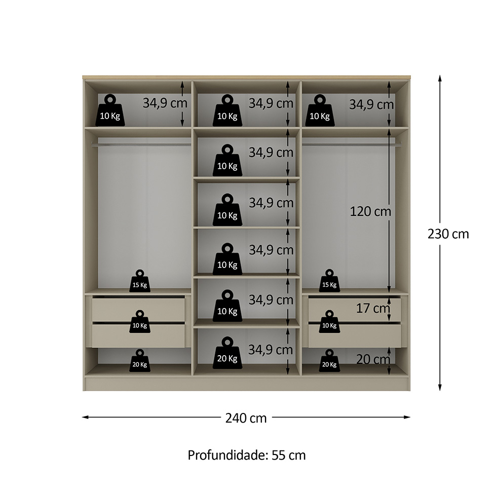 Guarda-Roupa Casal Brescia 6 Portas 4 Gavetas Bege