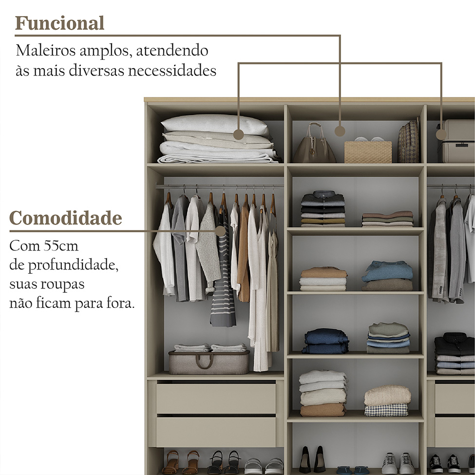 Guarda-Roupa Casal Brescia 6 Portas 4 Gavetas Bege