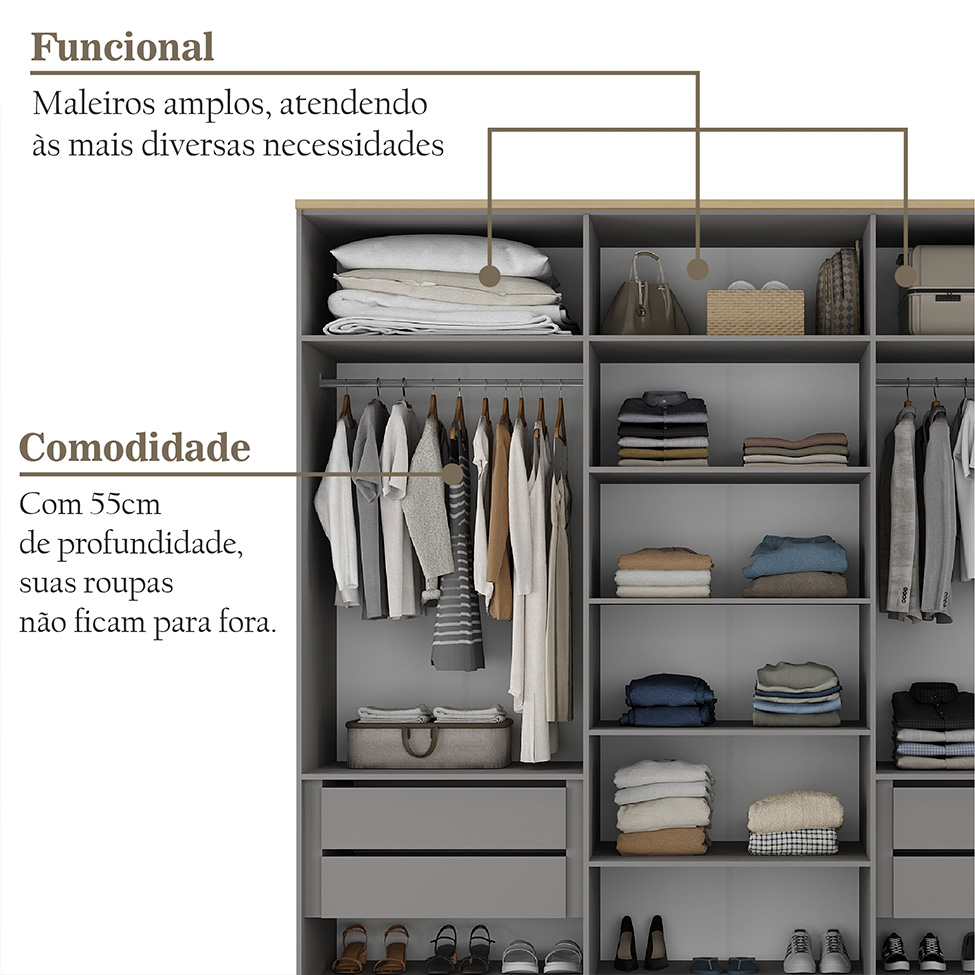 Guarda-Roupa Casal Brescia 6 Portas 4 Gavetas Cinza
