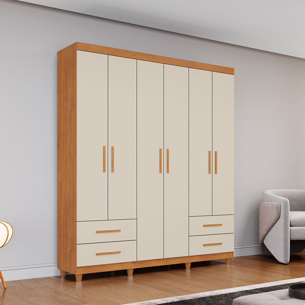 Guarda-Roupa Casal Canadá Plus 6 Portas 4 Gavetas Cinamomo e Off White