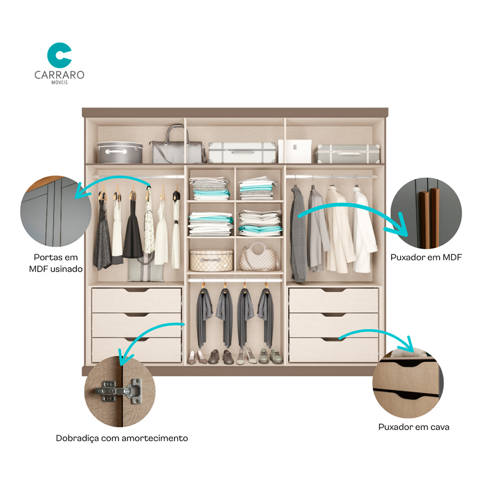 Guarda-Roupa Casal Capri 6 Portas 6 Gavetas Avelã e Linho