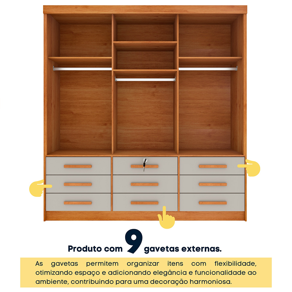 Guarda-Roupa Casal Chicago 3 Portas 9 Gavetas Cinamomo e Off White