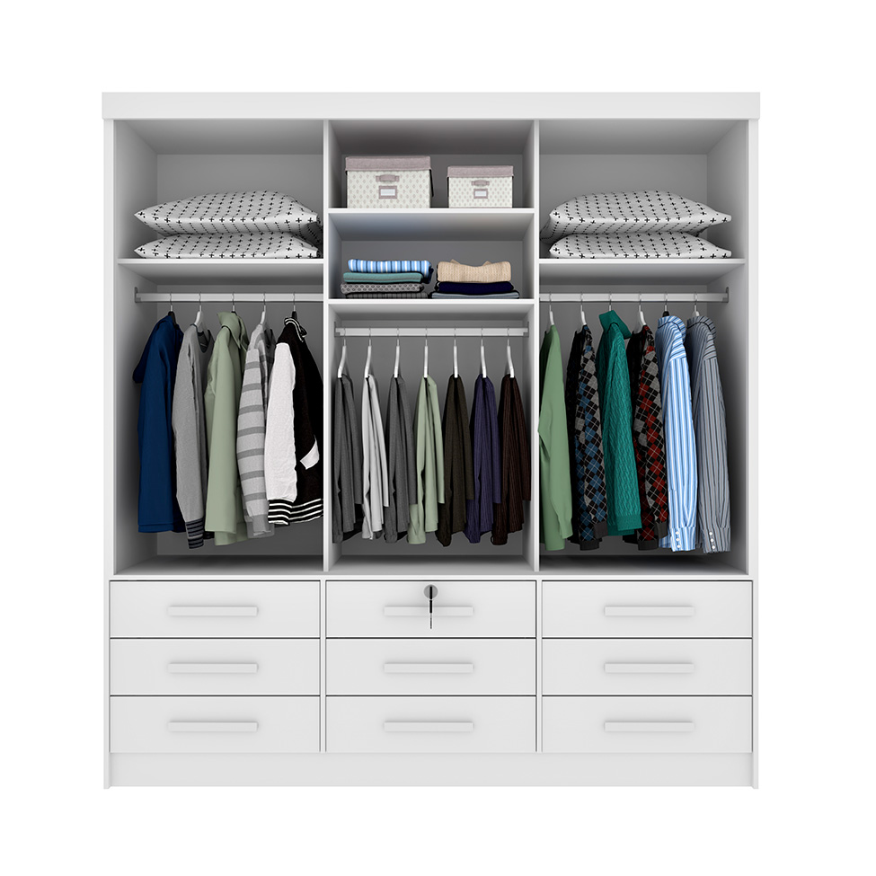 Guarda-Roupa Casal Chicago I 3 Portas 9 Gavetas Neve