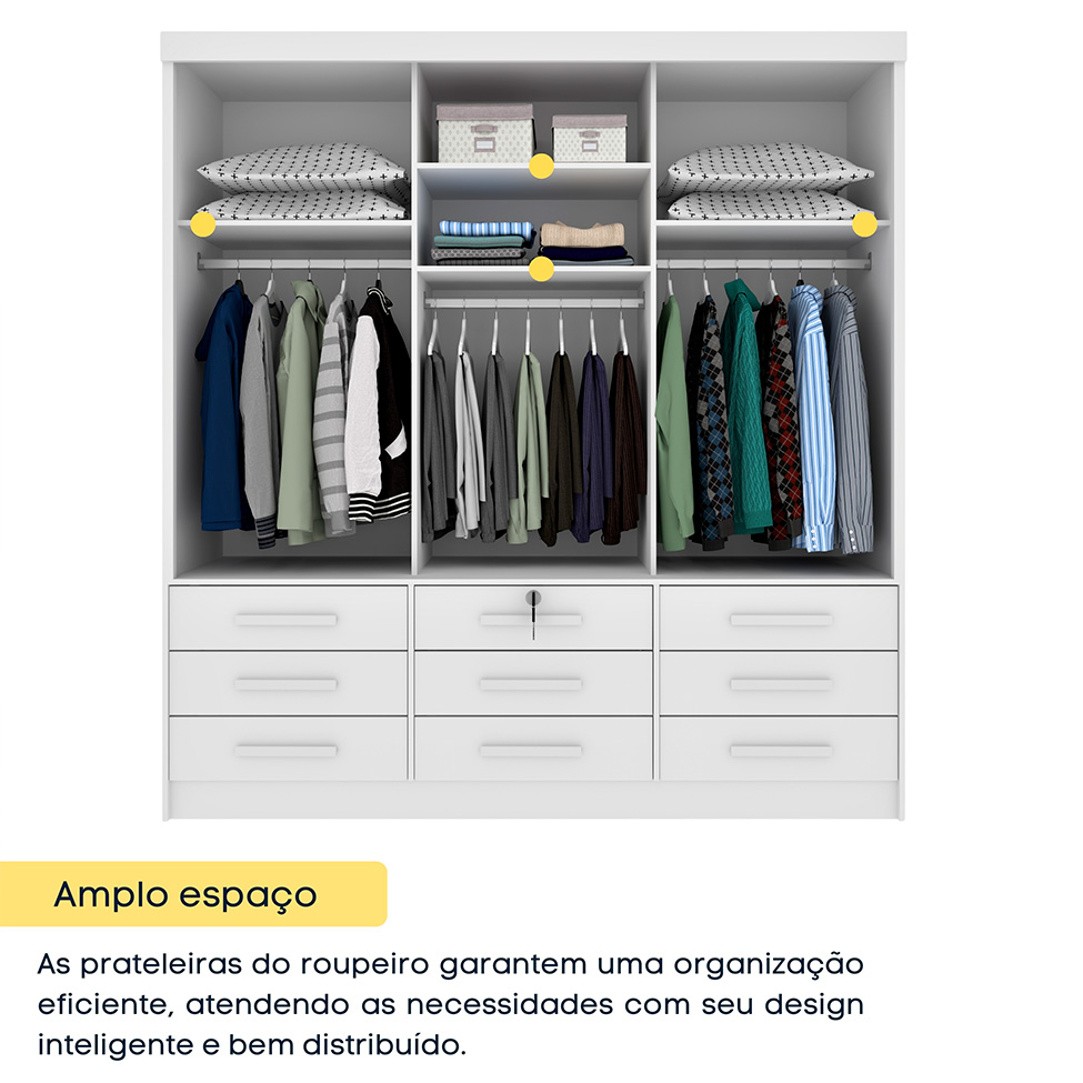 Guarda-Roupa Casal Chicago I 3 Portas 9 Gavetas Neve