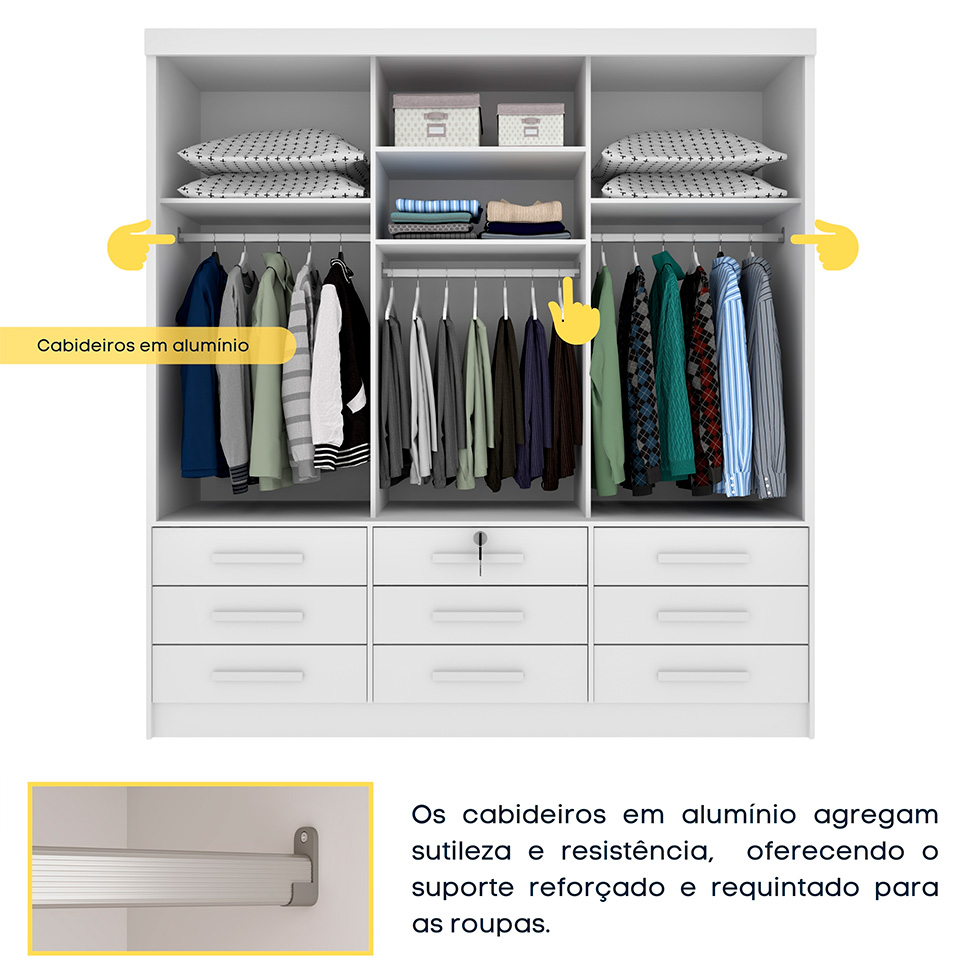 Guarda-Roupa Casal Chicago I 3 Portas 9 Gavetas Neve