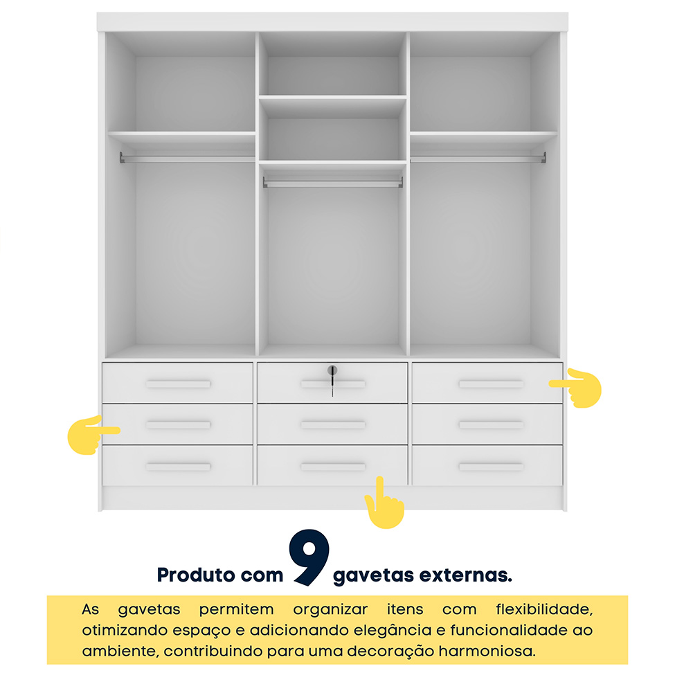 Guarda-Roupa Casal Chicago I 3 Portas 9 Gavetas Neve