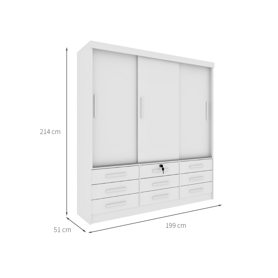 Guarda-Roupa Casal Chicago I 3 Portas 9 Gavetas Neve