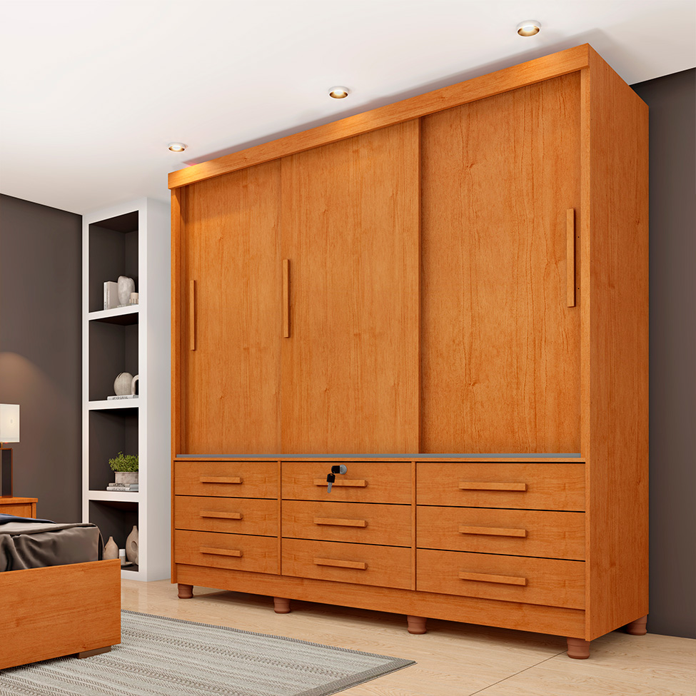 Guarda-Roupa Casal Chicago II 3 Portas 9 Gavetas Cinamomo