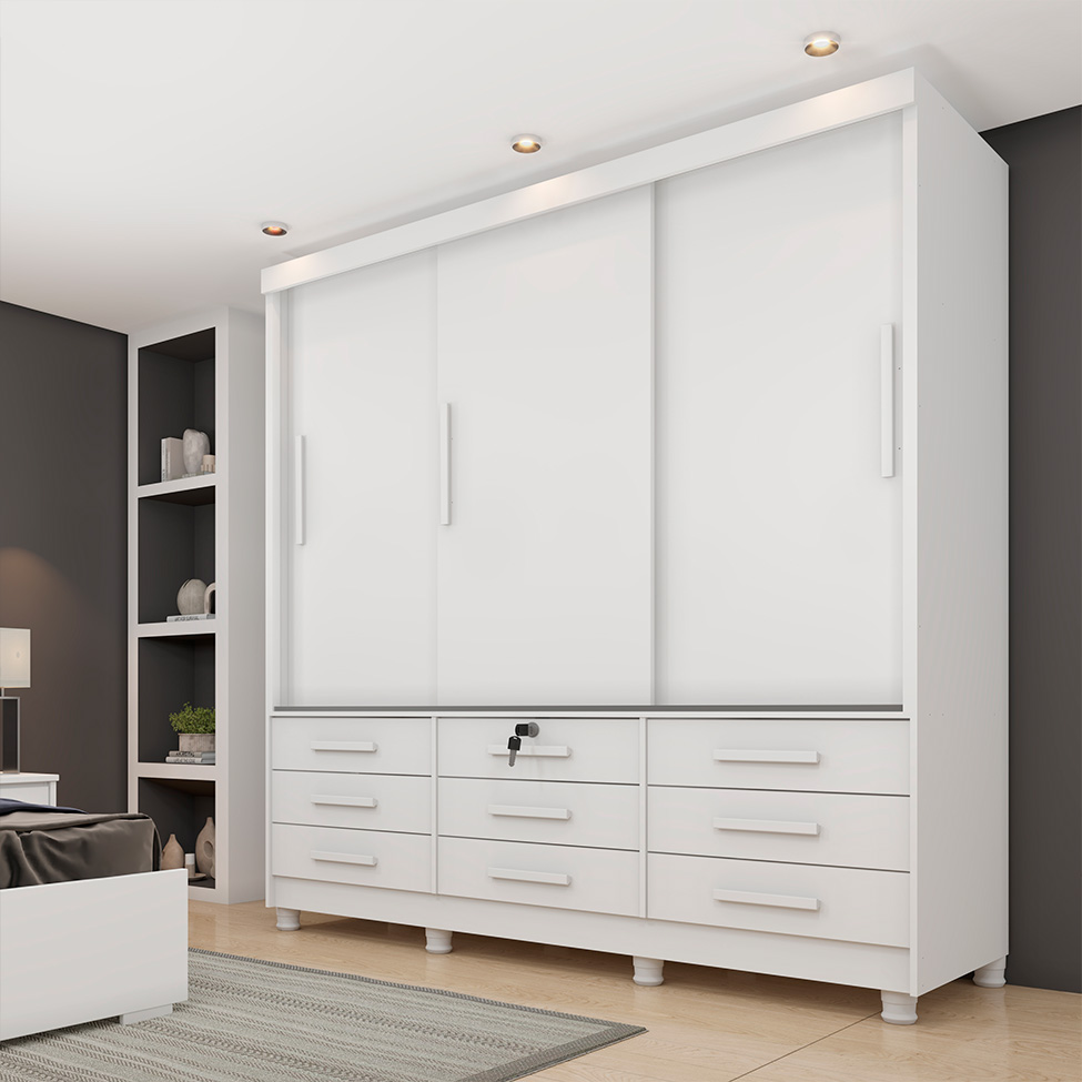Guarda-Roupa Casal Chicago II 3 Portas 9 Gavetas Neve