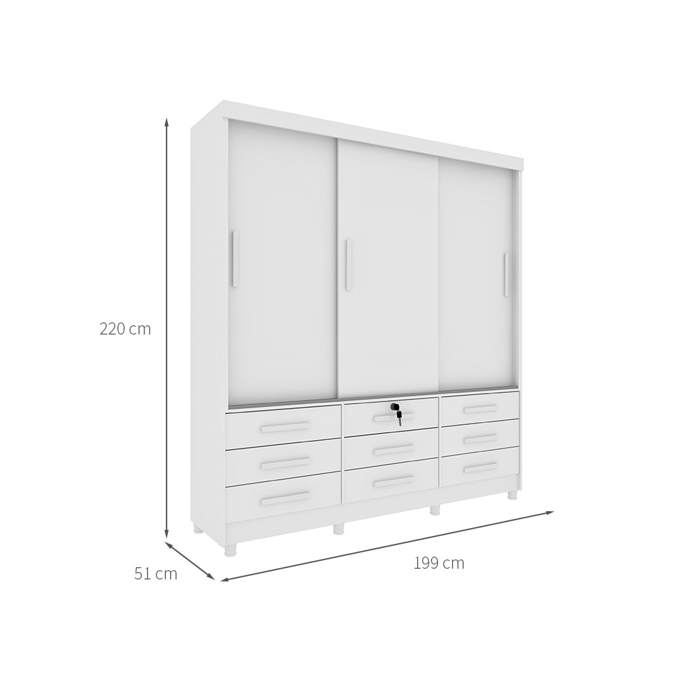 Guarda-Roupa Casal Chicago II 3 Portas 9 Gavetas Neve