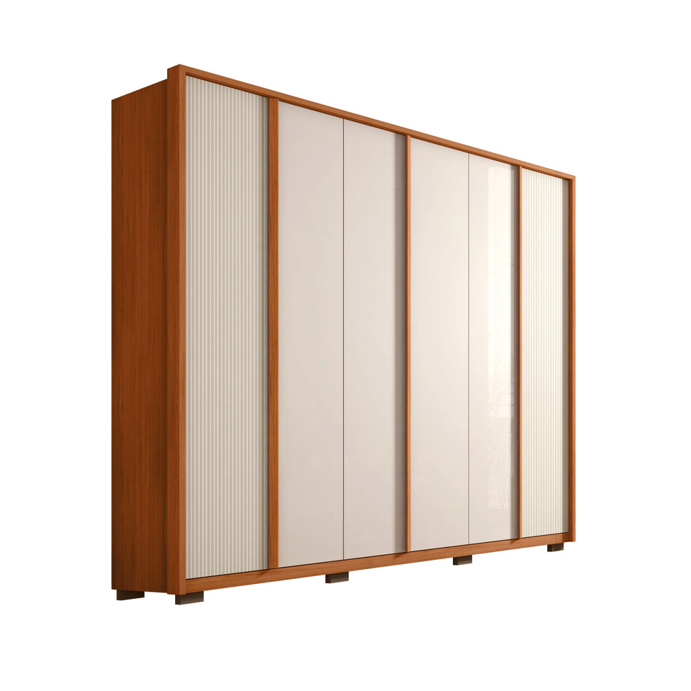 Guarda-Roupa Casal Cleo Ripado 6 Portas 4 Gavetas Freijó e Off White
