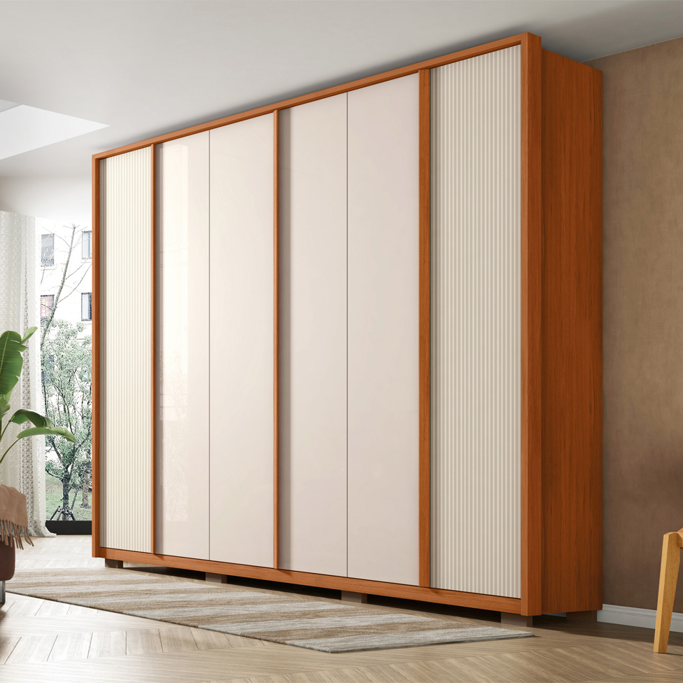 Guarda-Roupa Casal Cleo Ripado 6 Portas 4 Gavetas Freijó e Off White