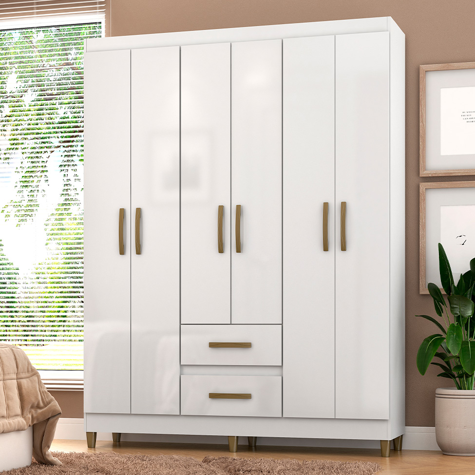 Guarda-Roupa Casal Coimbra 6 Portas 2 Gavetas Branco