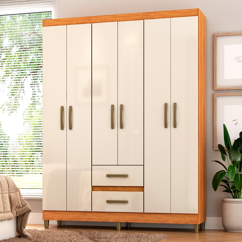 Guarda-Roupa Casal Coimbra 6 Portas 2 Gavetas Cinamomo e Off White