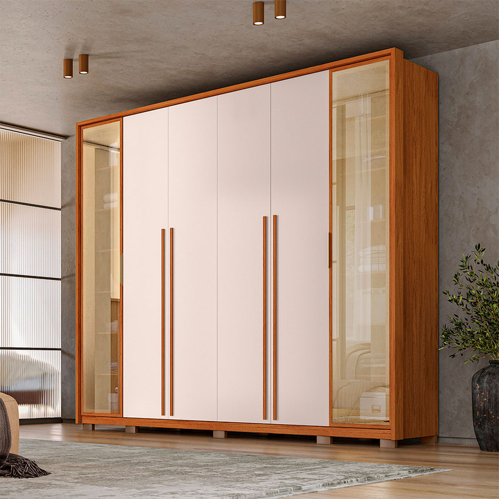 Guarda-Roupa Casal Com Espelho Reflecta Octavius 6 Portas 6 Gavetas Freijó e Off White