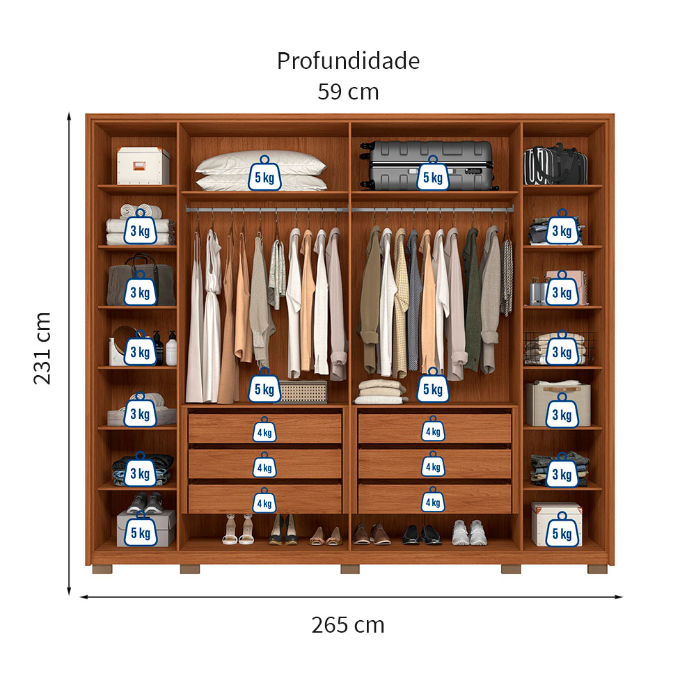 Guarda-Roupa Casal Com Espelho Reflecta Octavius 6 Portas 6 Gavetas Freijó e Off White