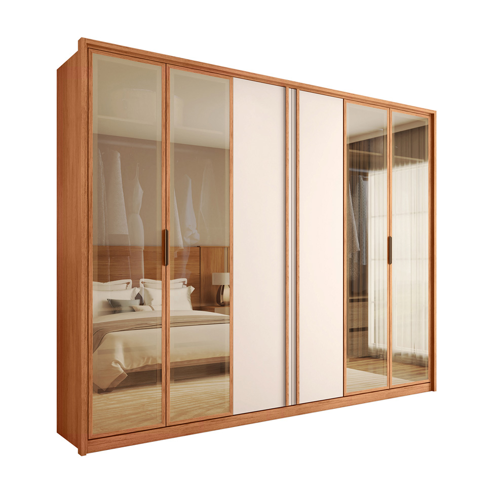 Guarda-Roupa Casal Cristal Reflecta 6 Portas 4 Gavetas Freijó e Off White