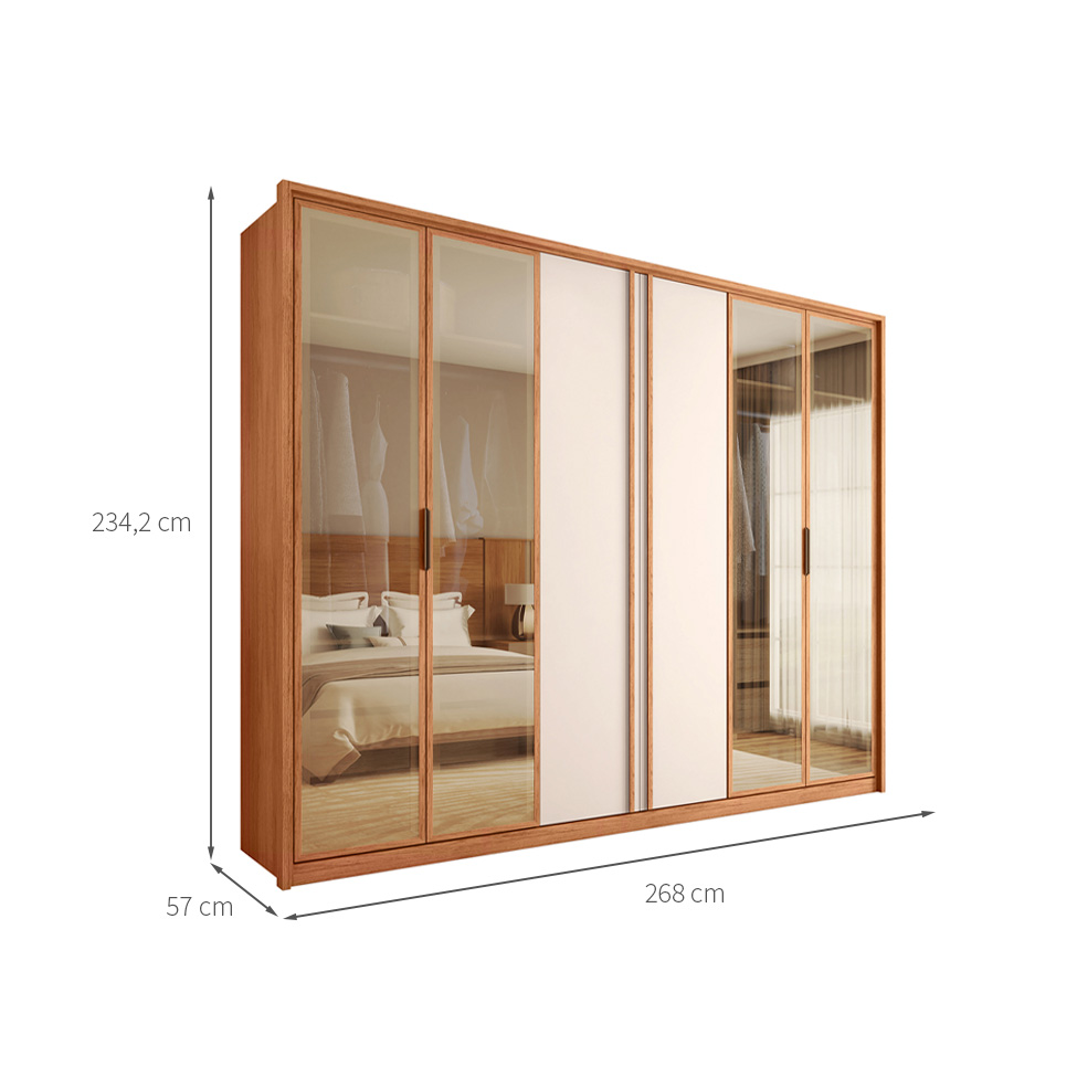 Guarda-Roupa Casal Cristal Reflecta 6 Portas 4 Gavetas Freijó e Off White