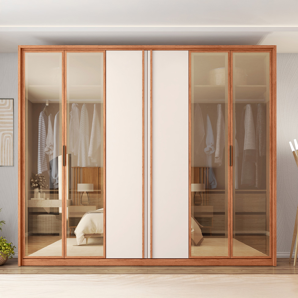 Guarda-Roupa Casal Cristal Reflecta 6 Portas 4 Gavetas Freijó e Off White
