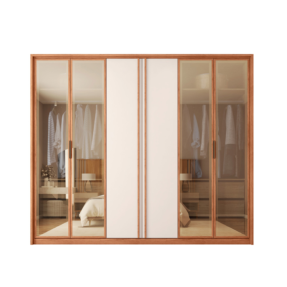 Guarda-Roupa Casal Cristal Reflecta 6 Portas 4 Gavetas Freijó e Off White