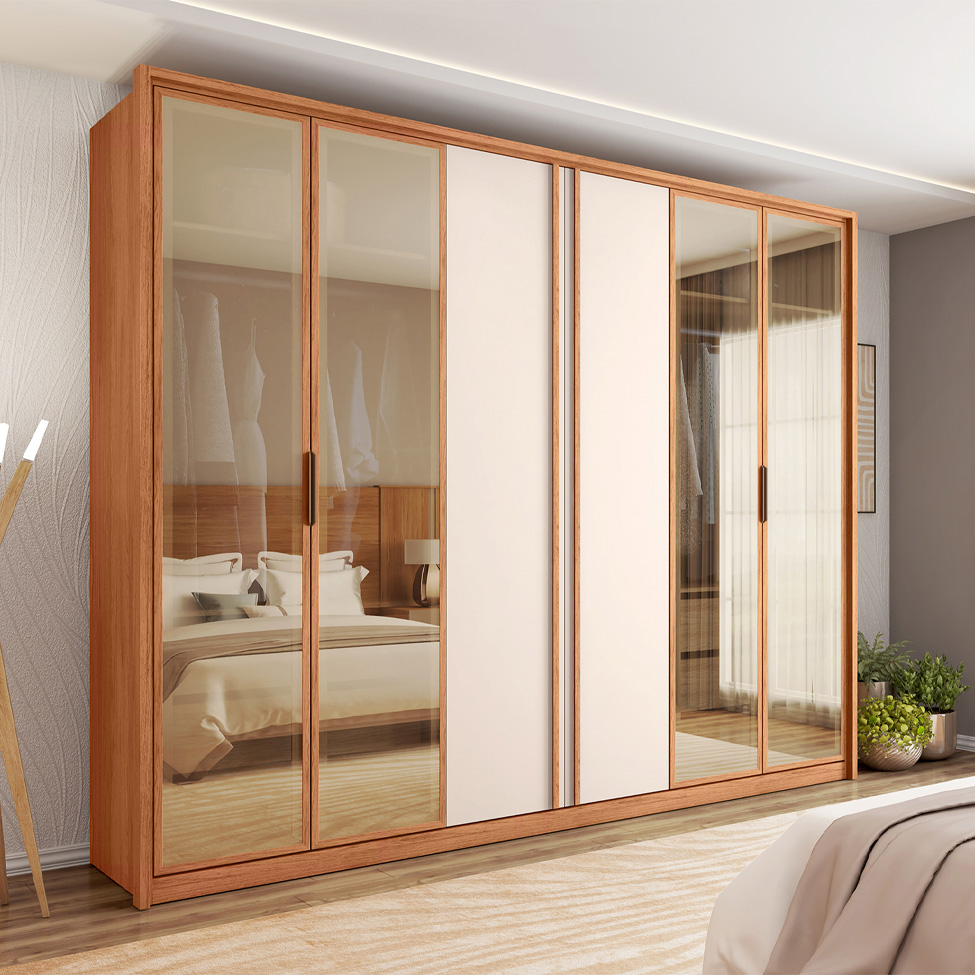 Guarda-Roupa Casal Cristal Reflecta 6 Portas 4 Gavetas Freijó e Off White
